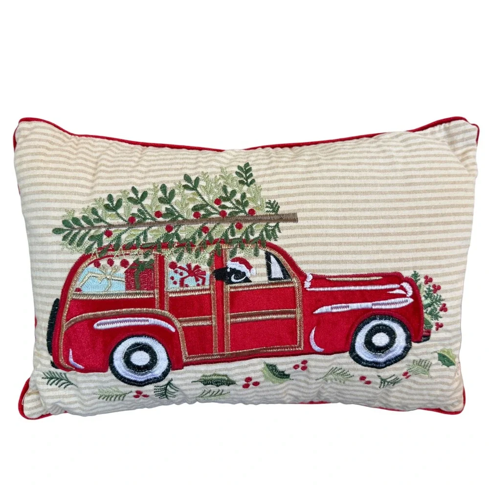 Secret Celebrity Christmas Pillow Red Car‎ Tree Embroidered 14x20 Throw Cushion